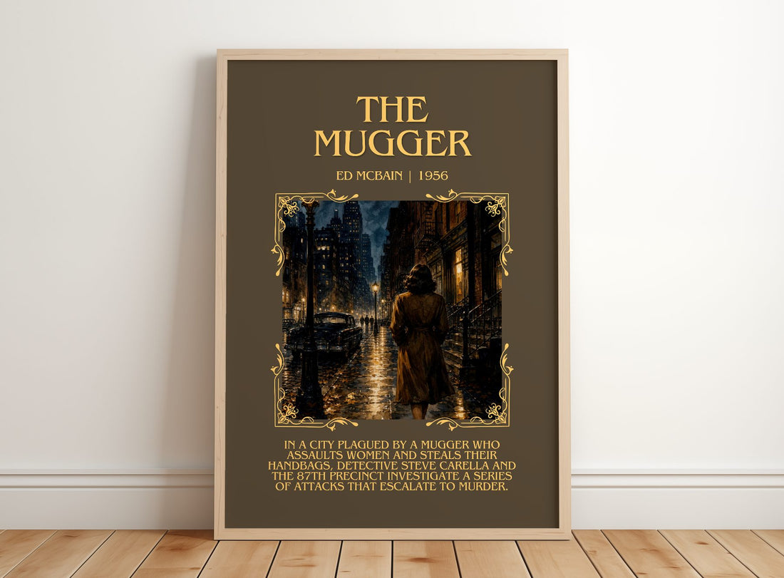 The Mugger Minimalist Book Poster by Ed McBain – framed print leaning on a wooden floor