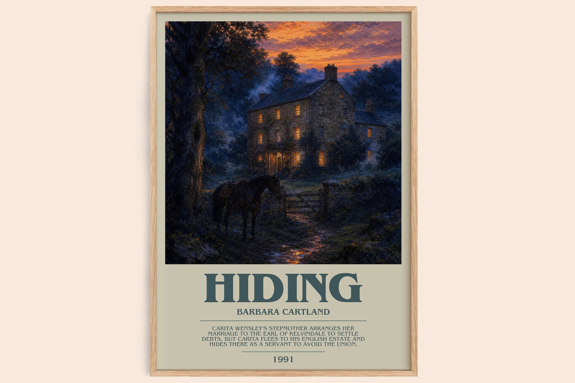 Hiding bookish book poster by Barbara Cartland – framed literary art print