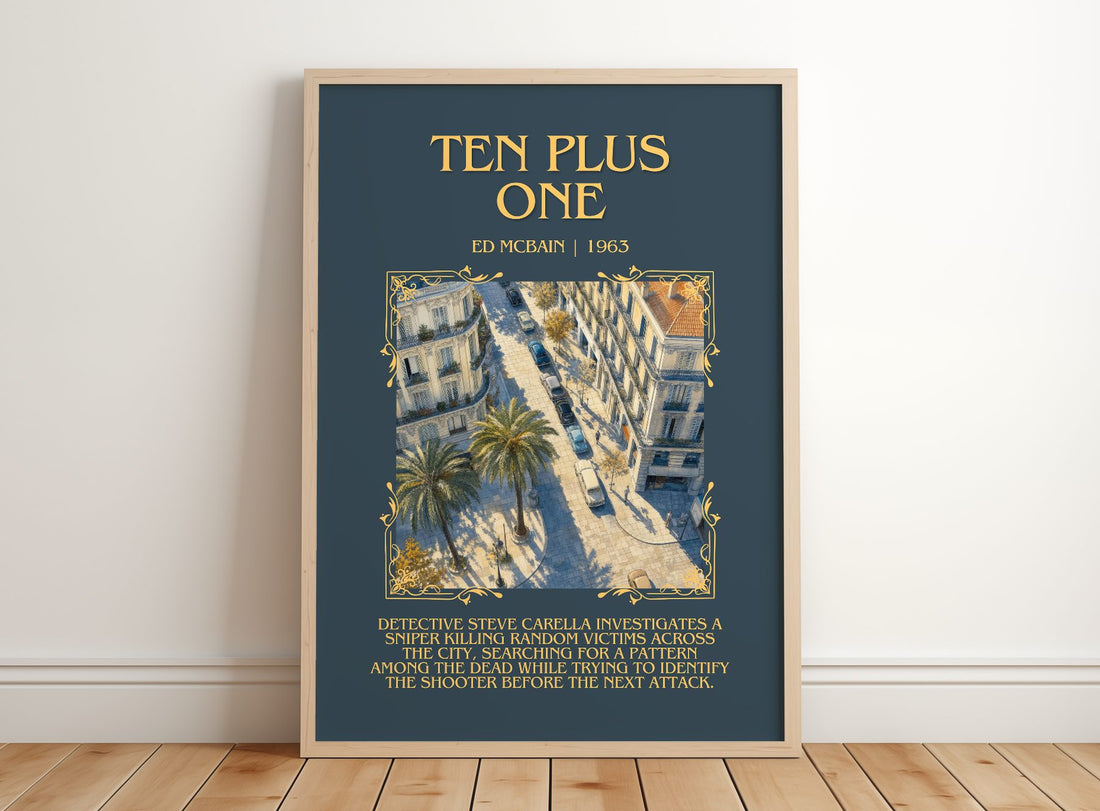 Ten Plus One Minimalist Book Poster by Ed McBain – framed print leaning on a wooden floor