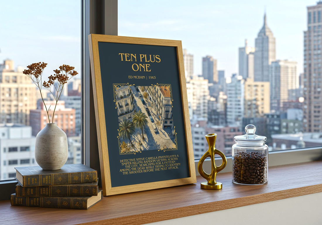 Ten Plus One Minimalist Book Poster by Ed McBain – framed print on a city-view windowsill