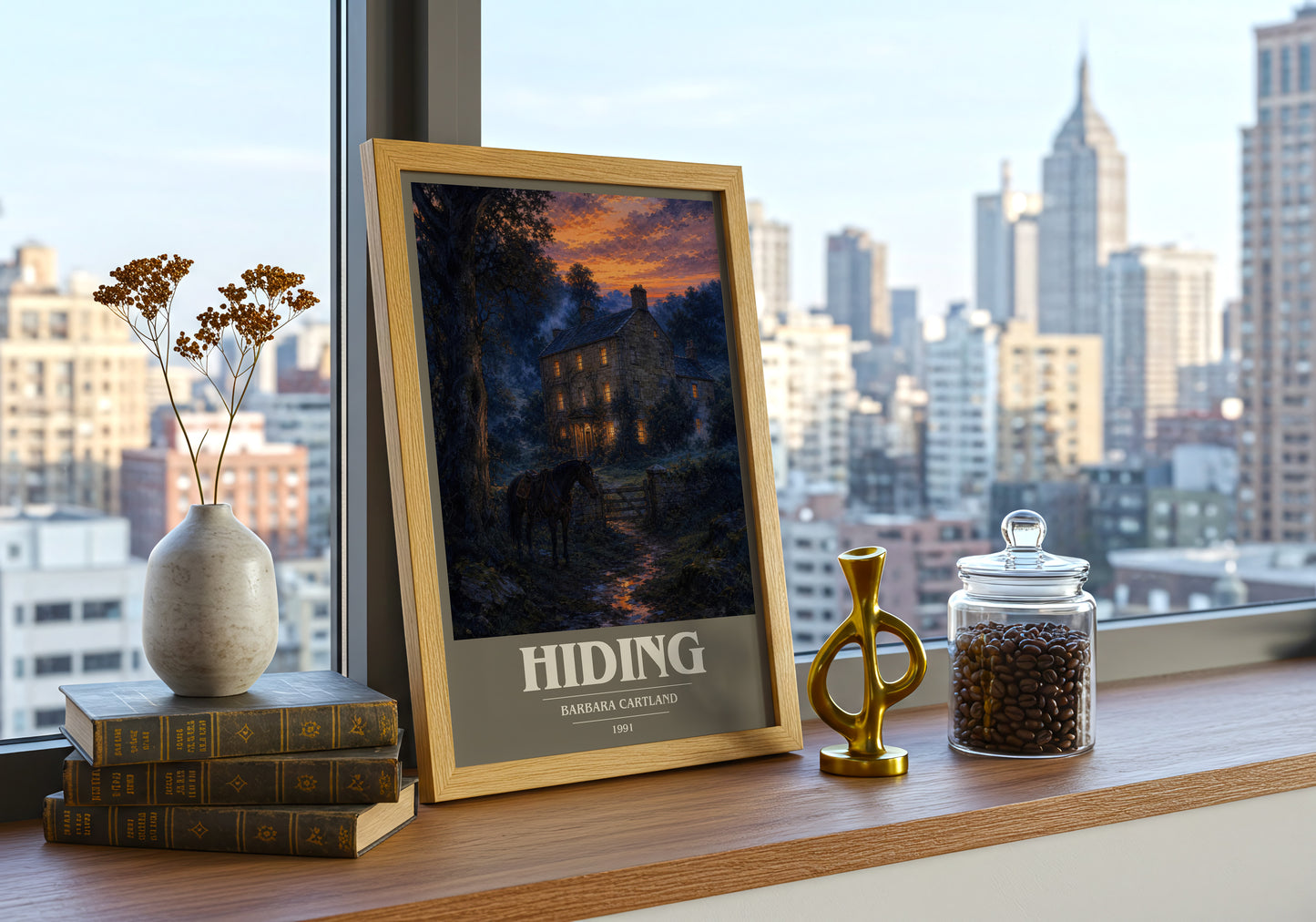 Hiding book cover print framed by window – literary home decor