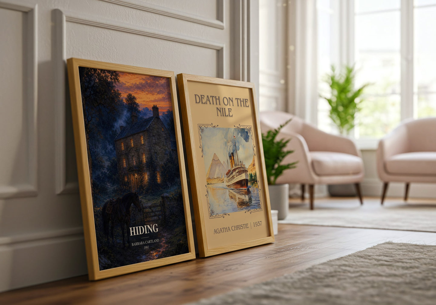 Hiding watercolour print framed by window – literary home decor