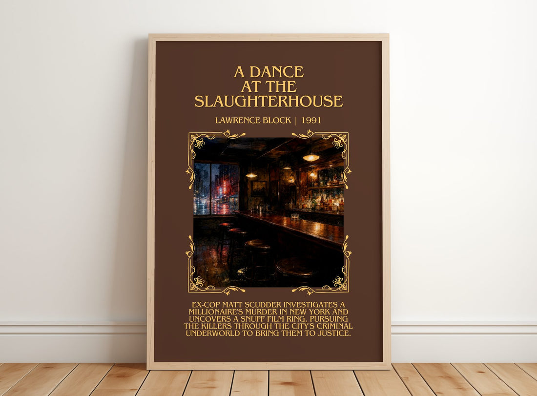 A Dance at the Slaughterhouse Minimalist Book Poster by Lawrence Block – framed print leaning on a wooden floor