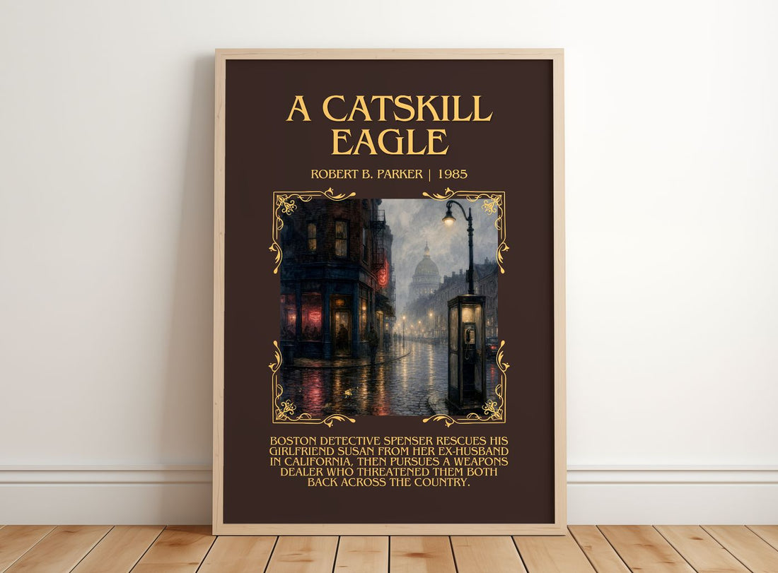 A Catskill Eagle Minimalist Book Poster by Robert B. Parker – framed print leaning on a wooden floor