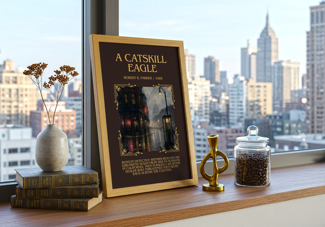 A Catskill Eagle Minimalist Book Poster by Robert B. Parker – framed print on a city-view windowsill