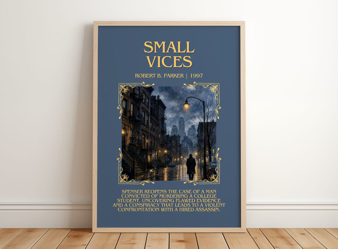 Small Vices Minimalist Book Poster by Robert B. Parker – framed print leaning on a wooden floor