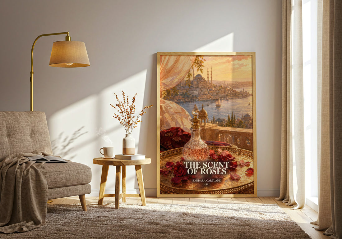 The Scent Of Roses watercolour print in frame leaning in hallway – romance wall art (mockup)