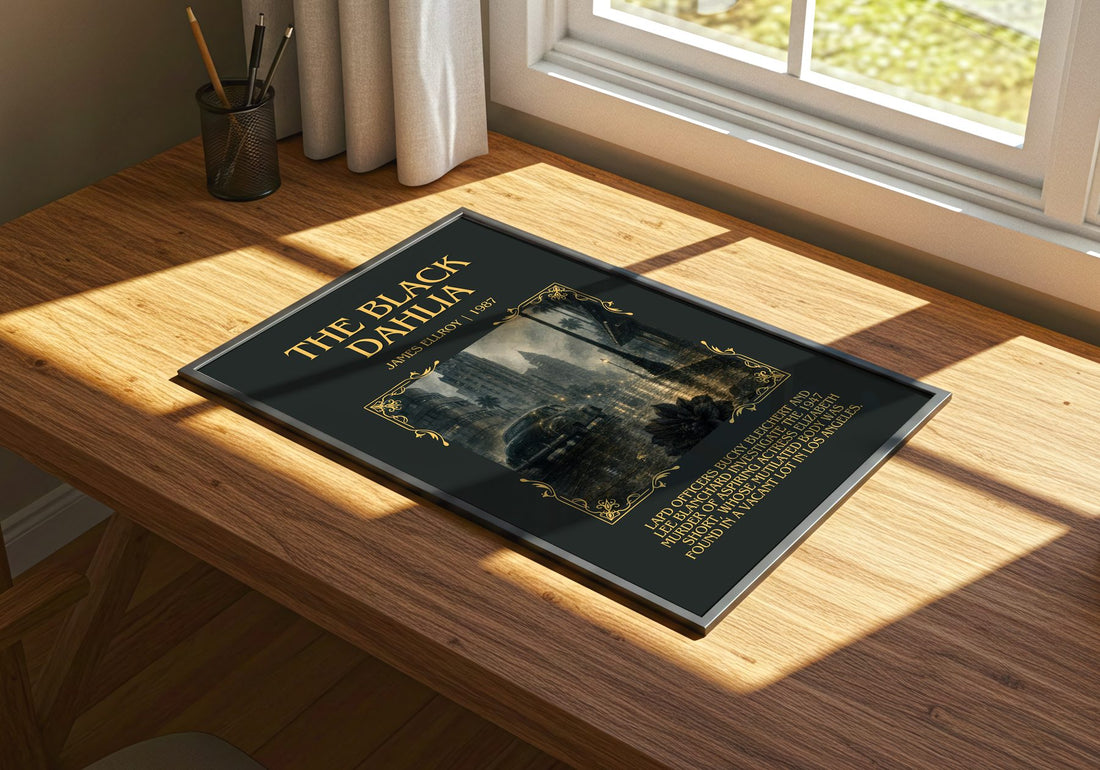 The Black Dahlia Minimalist Book Poster by James Ellroy – print on a sunlit desk
