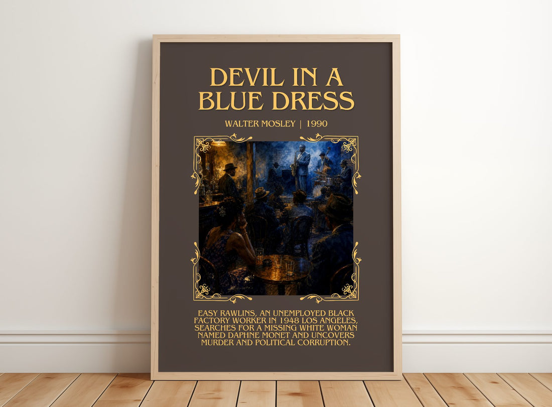 Devil in a Blue Dress Minimalist Book Poster by Walter Mosley – framed print leaning on a wooden floor