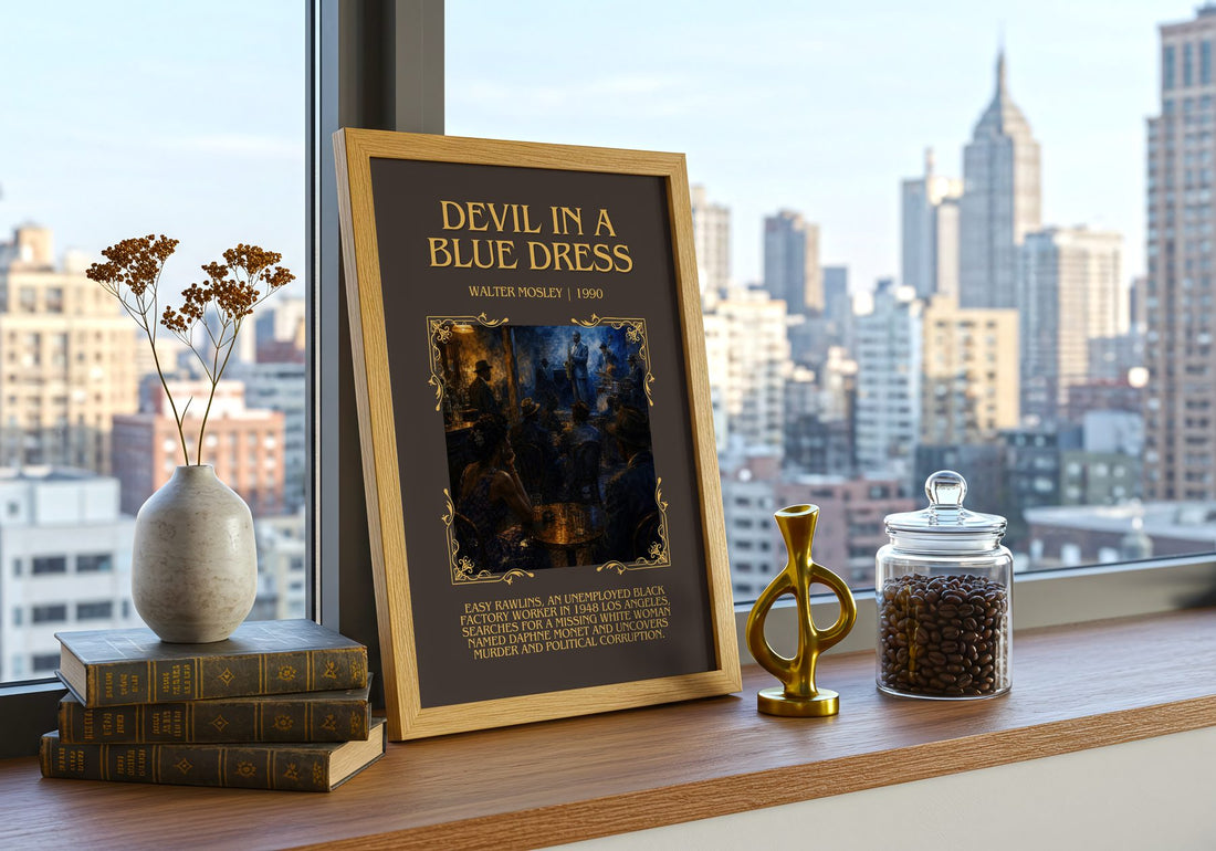 Devil in a Blue Dress Minimalist Book Poster by Walter Mosley – framed print on a city-view windowsill