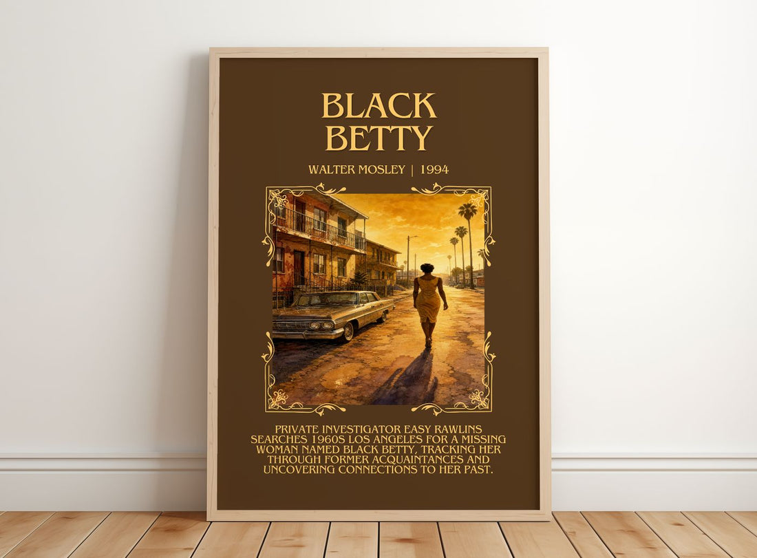 Black Betty Minimalist Book Poster by Walter Mosley – framed print leaning on a wooden floor