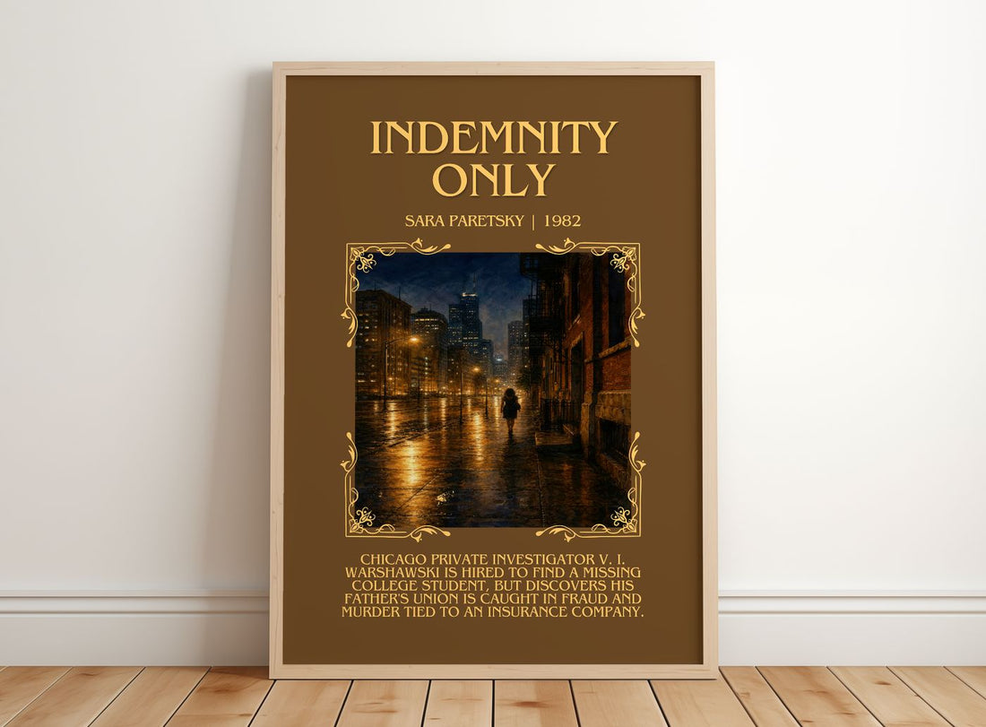 Indemnity Only Minimalist Book Poster by Sara Paretsky – framed print leaning on a wooden floor