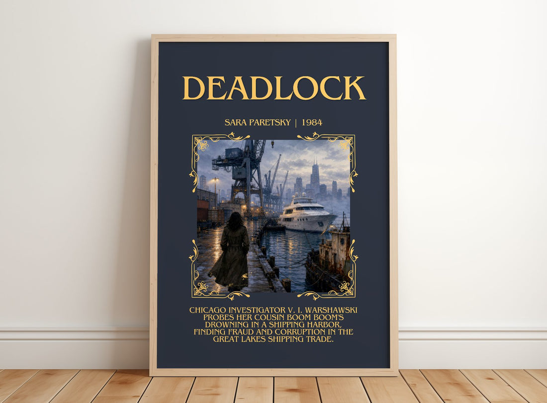 Deadlock Minimalist Book Poster by Sara Paretsky – framed print leaning on a wooden floor
