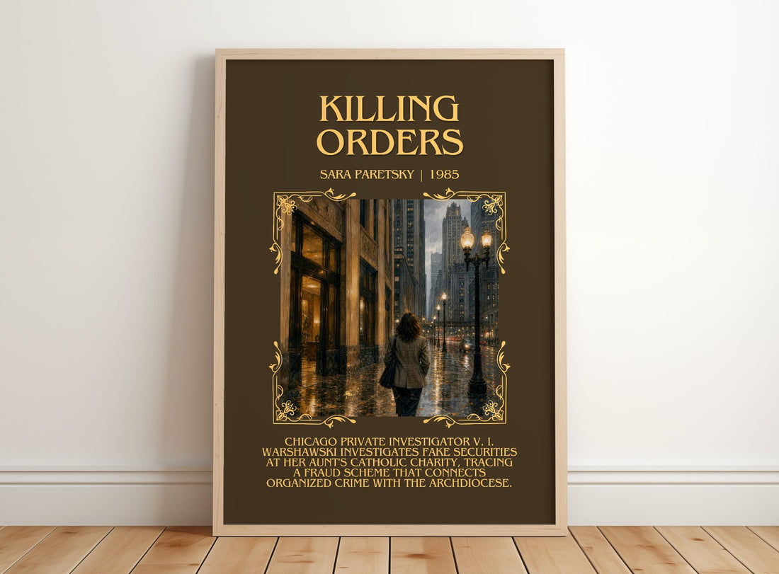 Killing Orders Minimalist Book Poster by Sara Paretsky – framed print leaning on a wooden floor