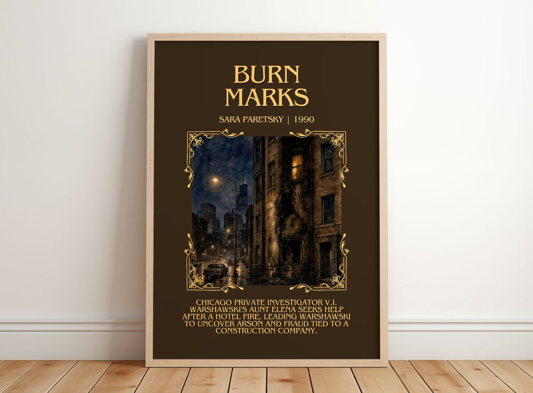 Burn Marks Minimalist Book Poster by Sara Paretsky – framed print leaning on a wooden floor