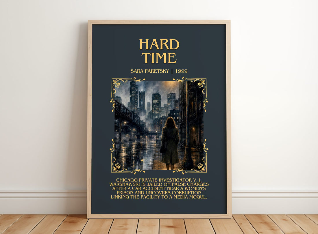 Hard Time Minimalist Book Poster by Sara Paretsky – framed print leaning on a wooden floor