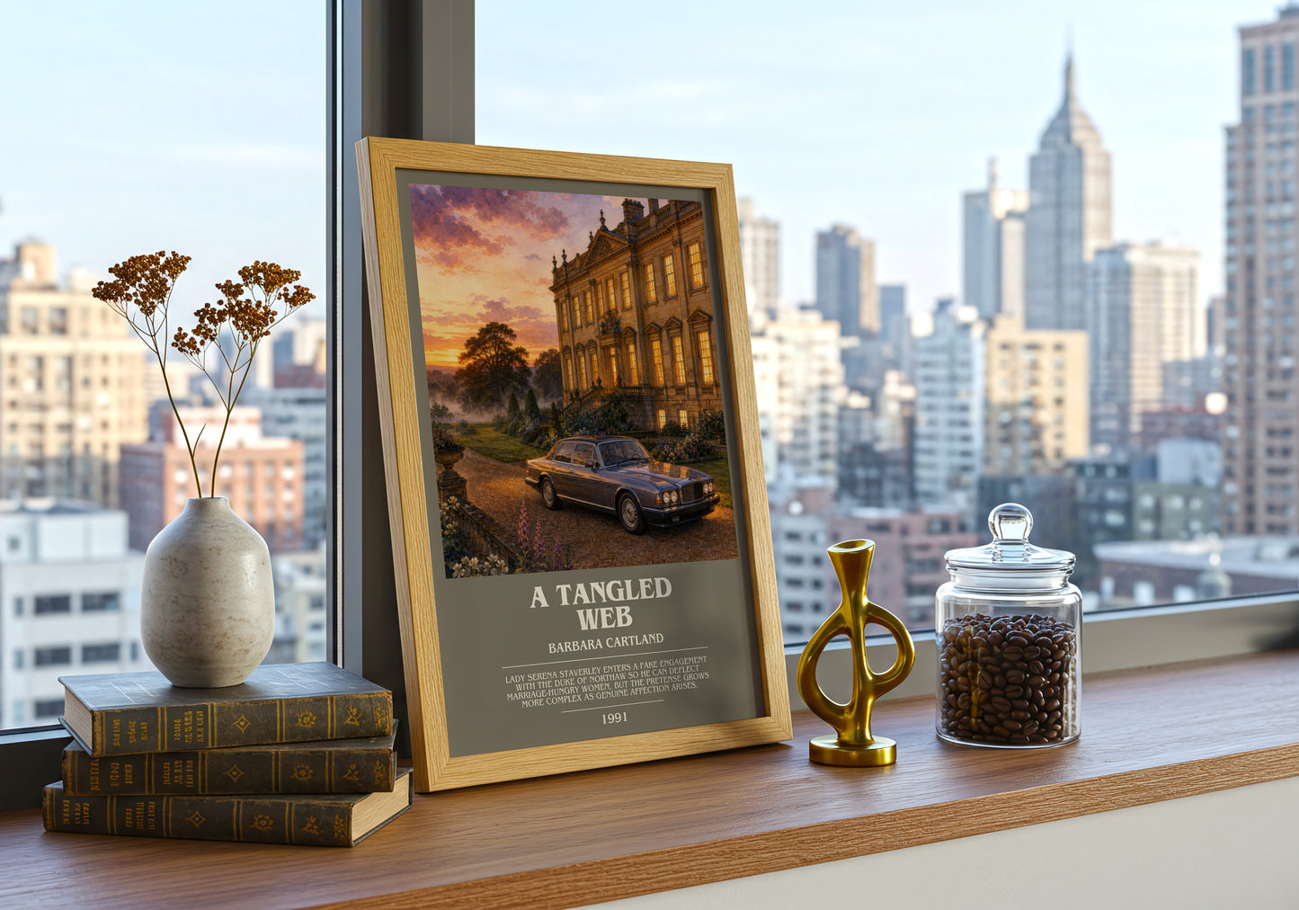 A Tangled Web bookish print framed by window – literary home decor