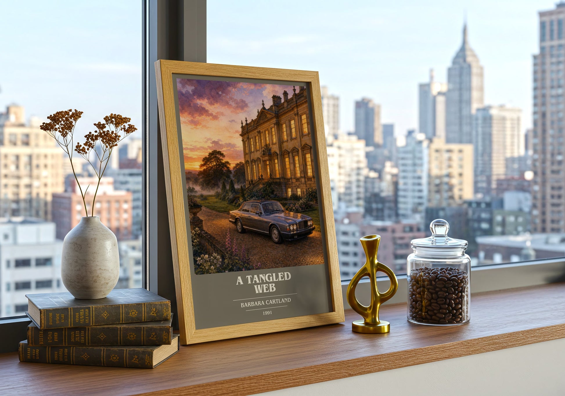 A Tangled Web book cover print framed by window – literary home decor