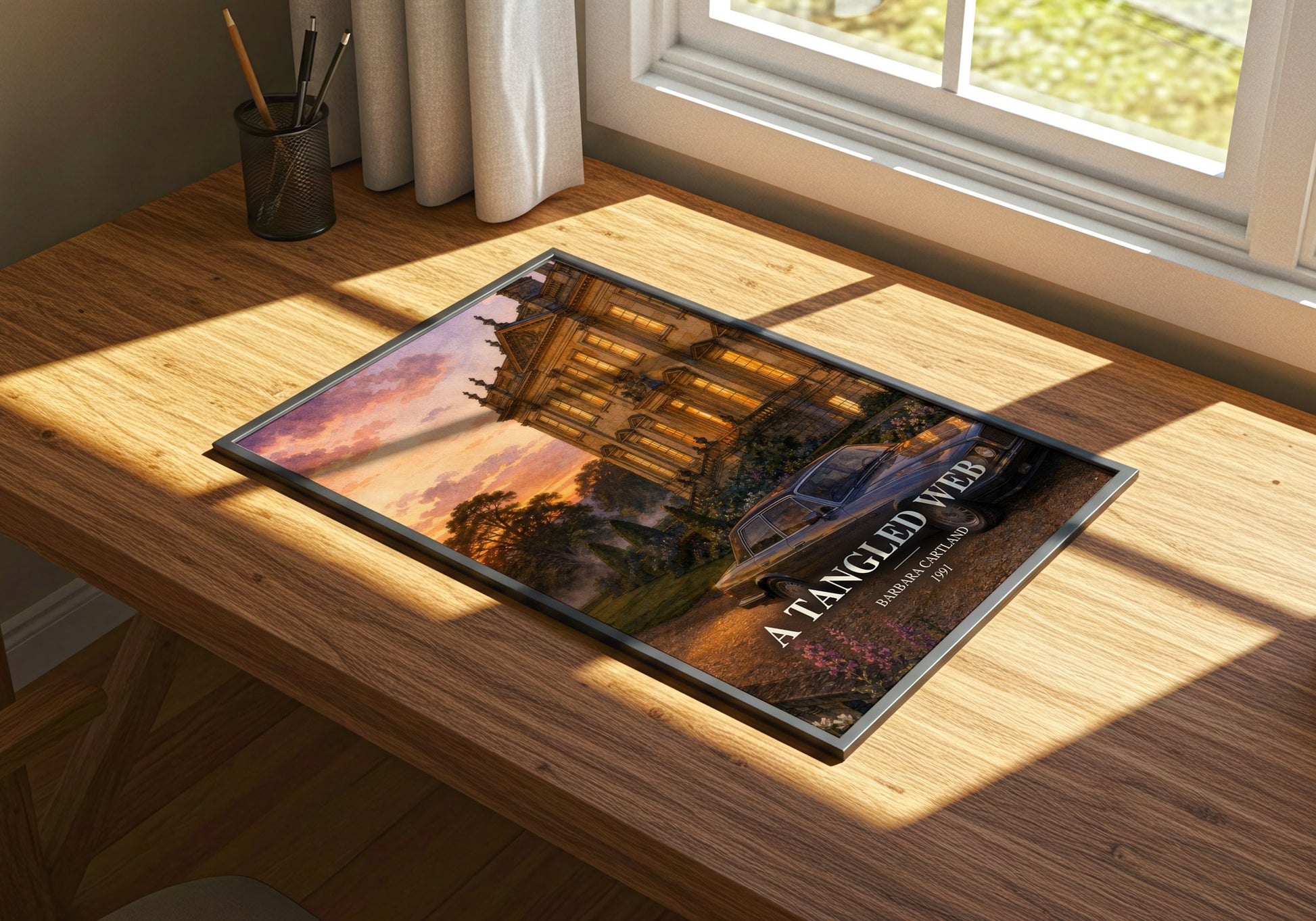 A Tangled Web watercolour book poster framed on wall – romance wall art