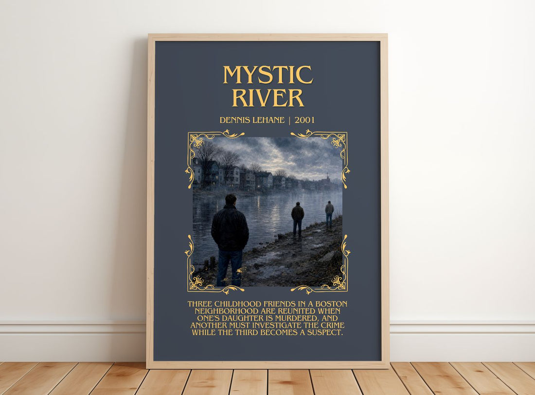 Mystic River Minimalist Book Poster by Dennis Lehane – framed print leaning on a wooden floor