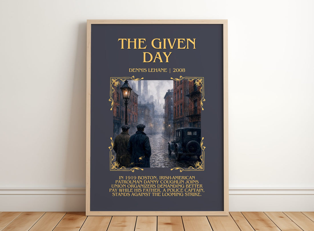 The Given Day Minimalist Book Poster by Dennis Lehane – framed print leaning on a wooden floor