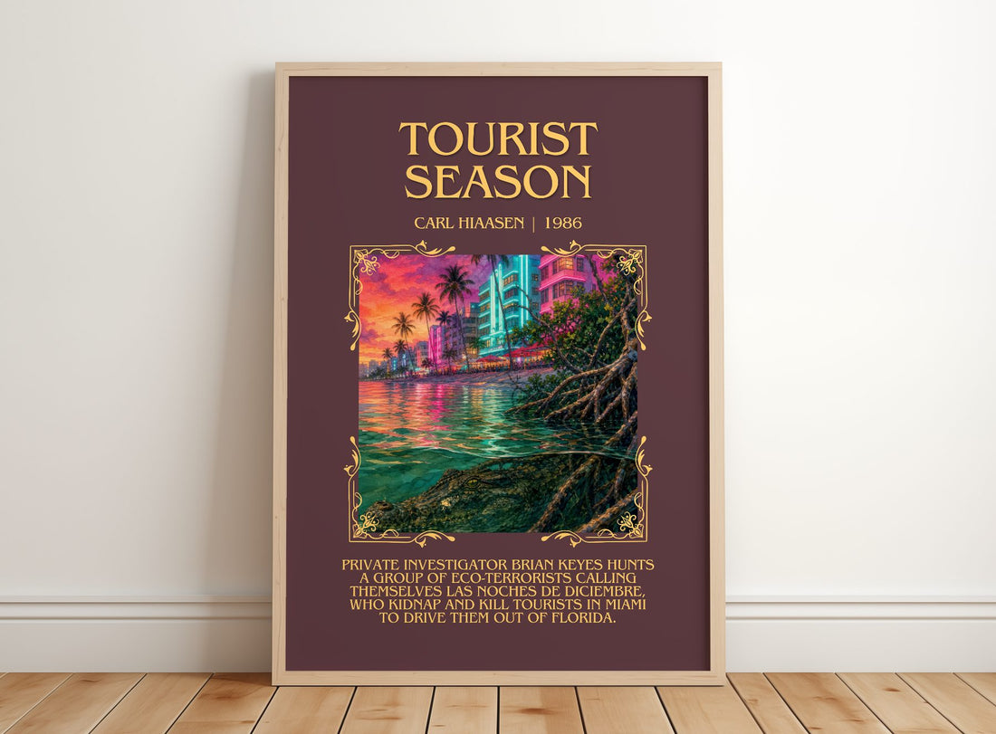 Tourist Season Minimalist Book Poster by Carl Hiaasen – framed print leaning on a wooden floor