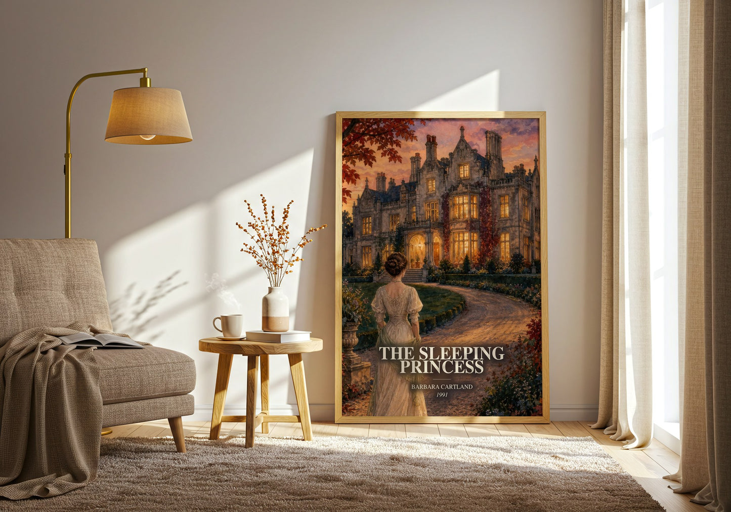 The Sleeping Princess watercolour print in frame leaning in hallway – romance wall art
