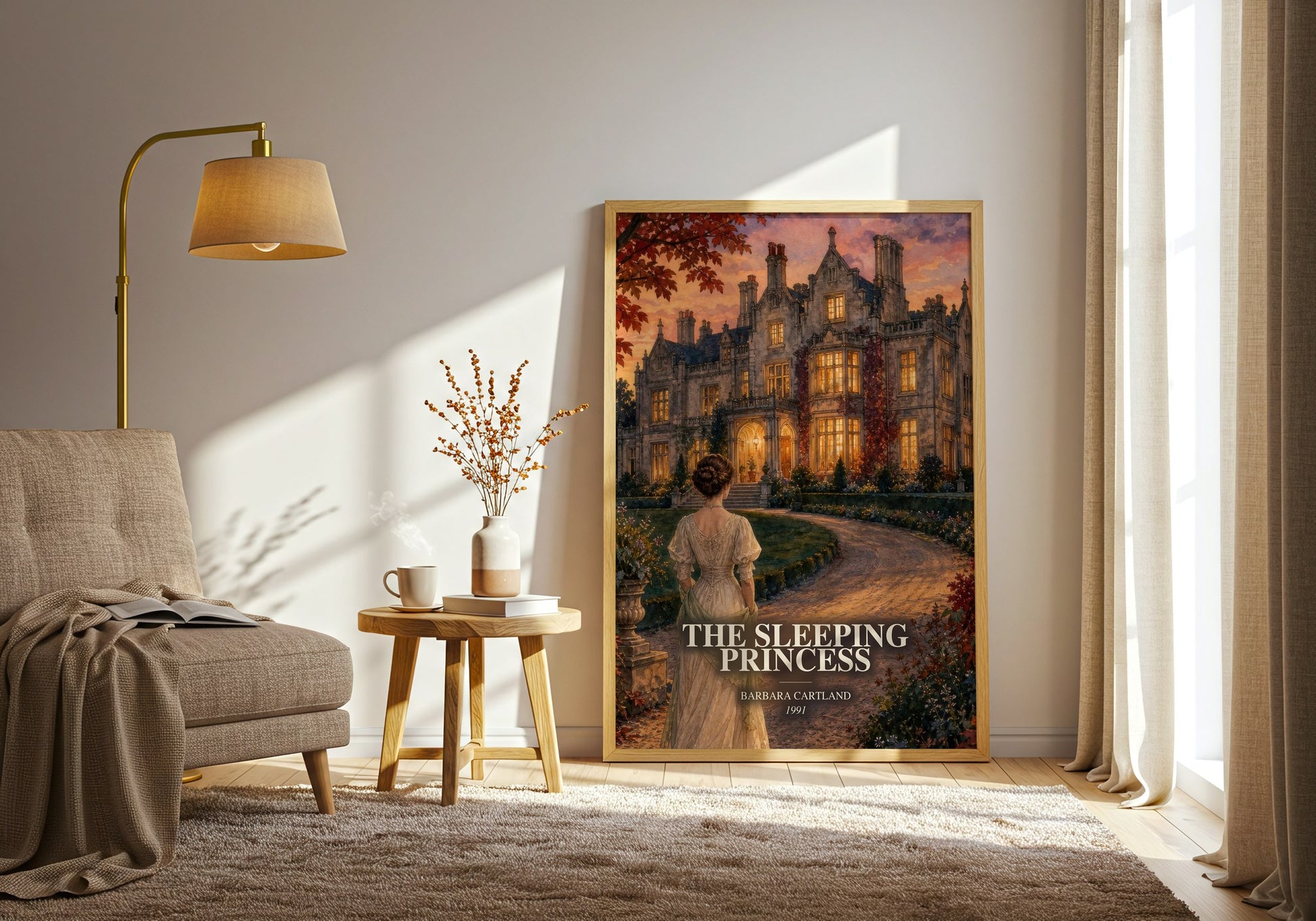 The Sleeping Princess watercolour print in frame leaning in hallway – romance wall art