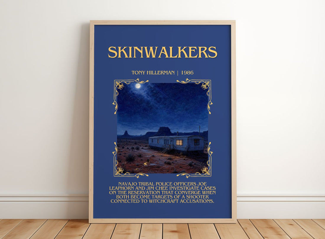 Skinwalkers Minimalist Book Poster by Tony Hillerman – framed print leaning on a wooden floor