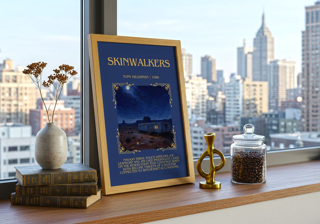 Skinwalkers Minimalist Book Poster by Tony Hillerman – framed print on a city-view windowsill