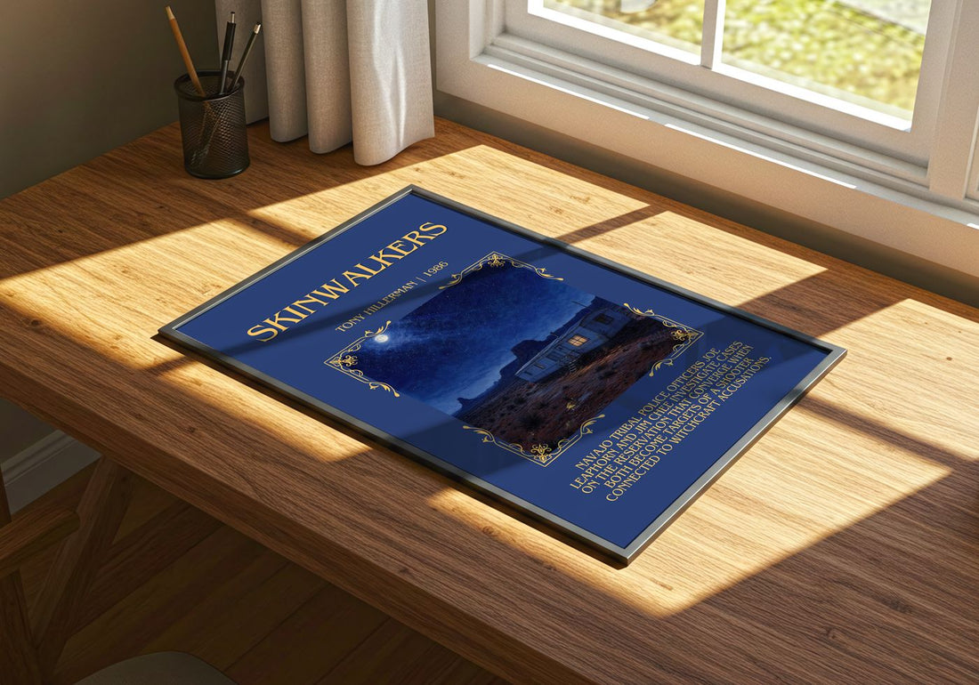 Skinwalkers Minimalist Book Poster by Tony Hillerman – print on a sunlit desk