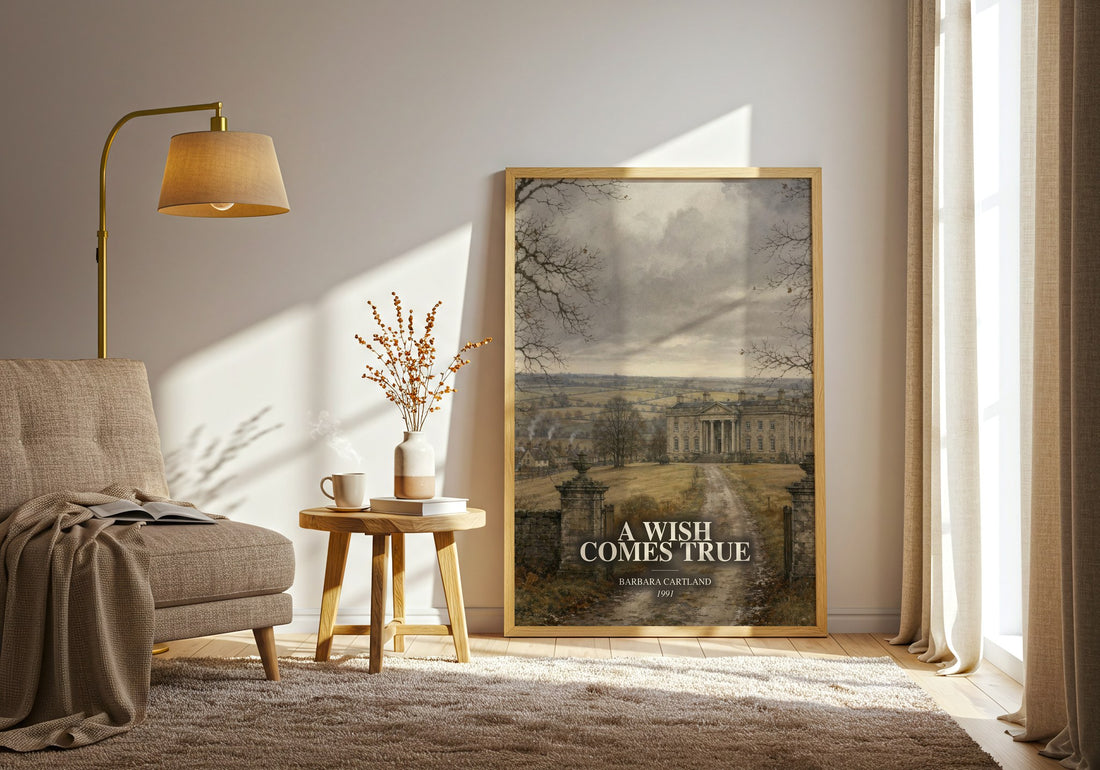 A Wish Comes True watercolour print in frame leaning in hallway – romance wall art (mockup)