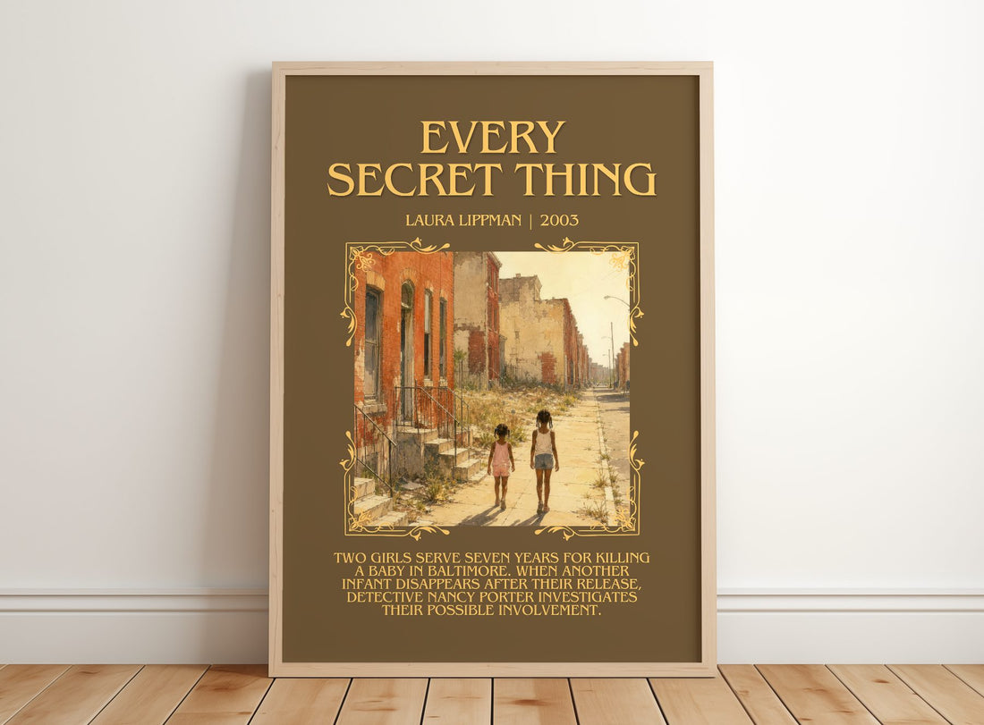 Every Secret Thing Minimalist Book Poster by Laura Lippman – framed print leaning on a wooden floor