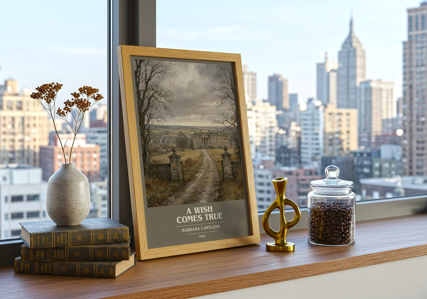 A Wish Comes True book cover print framed by window – literary home decor
