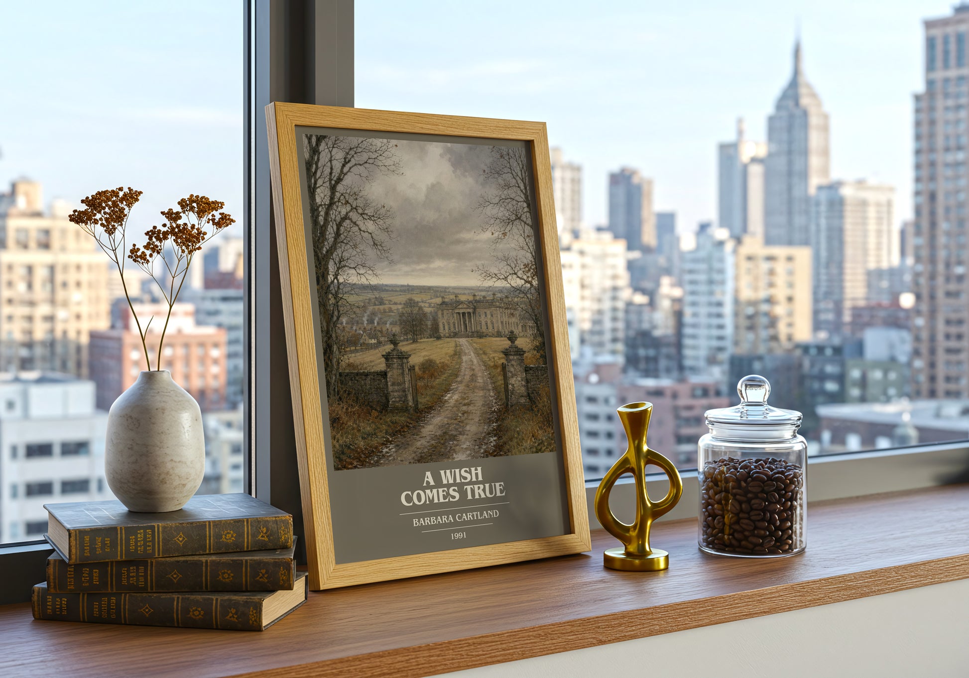 A Wish Comes True book cover print framed by window – literary home decor