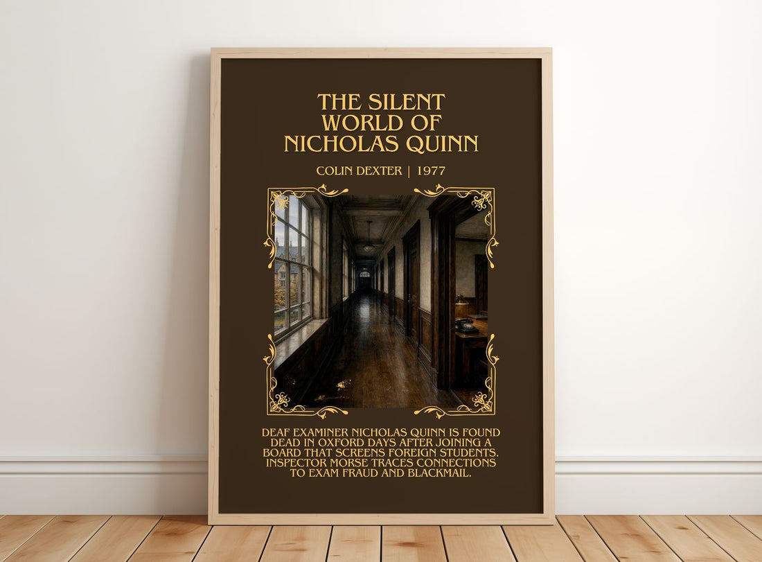 Silent World of Nicholas Quinn Minimalist Book Poster by Colin Dexter – framed print leaning on a wooden floor