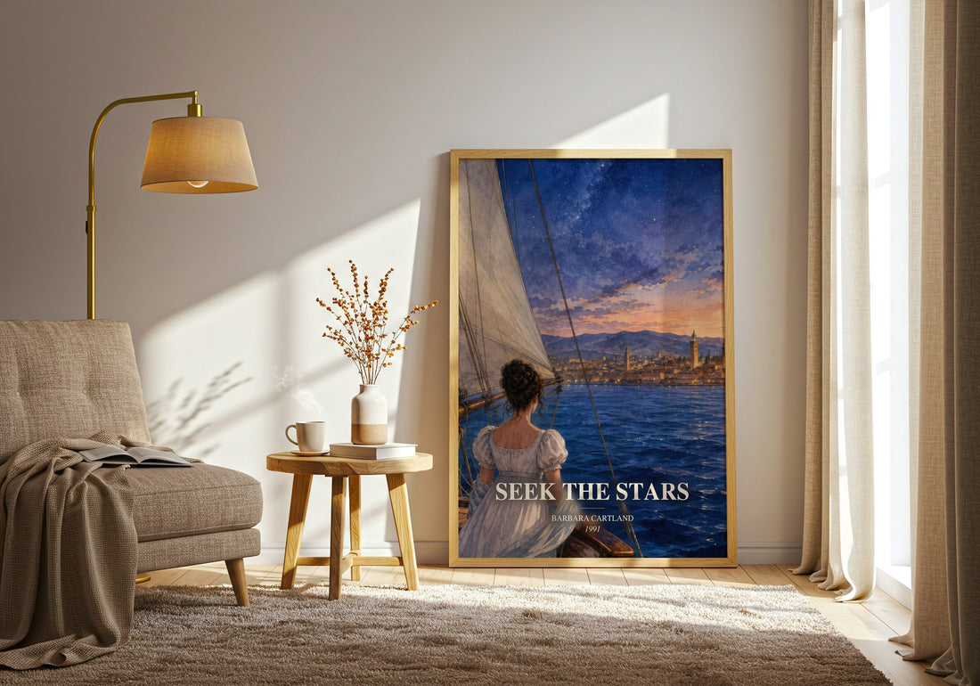 Seek The Stars watercolour print in frame leaning in hallway – romance wall art (mockup)