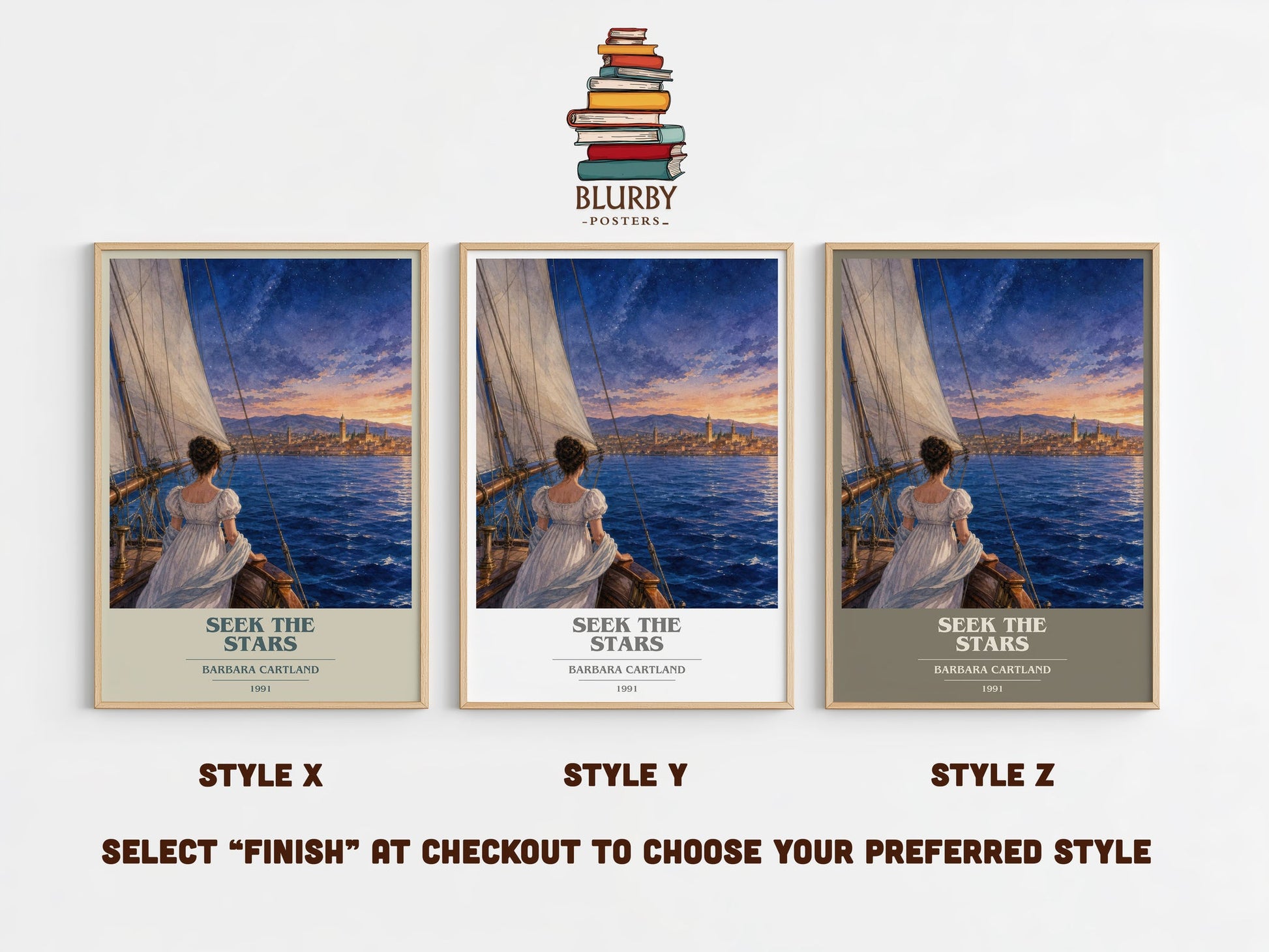 Seek The Stars book cover print in frame leaning in hallway – romance wall art
