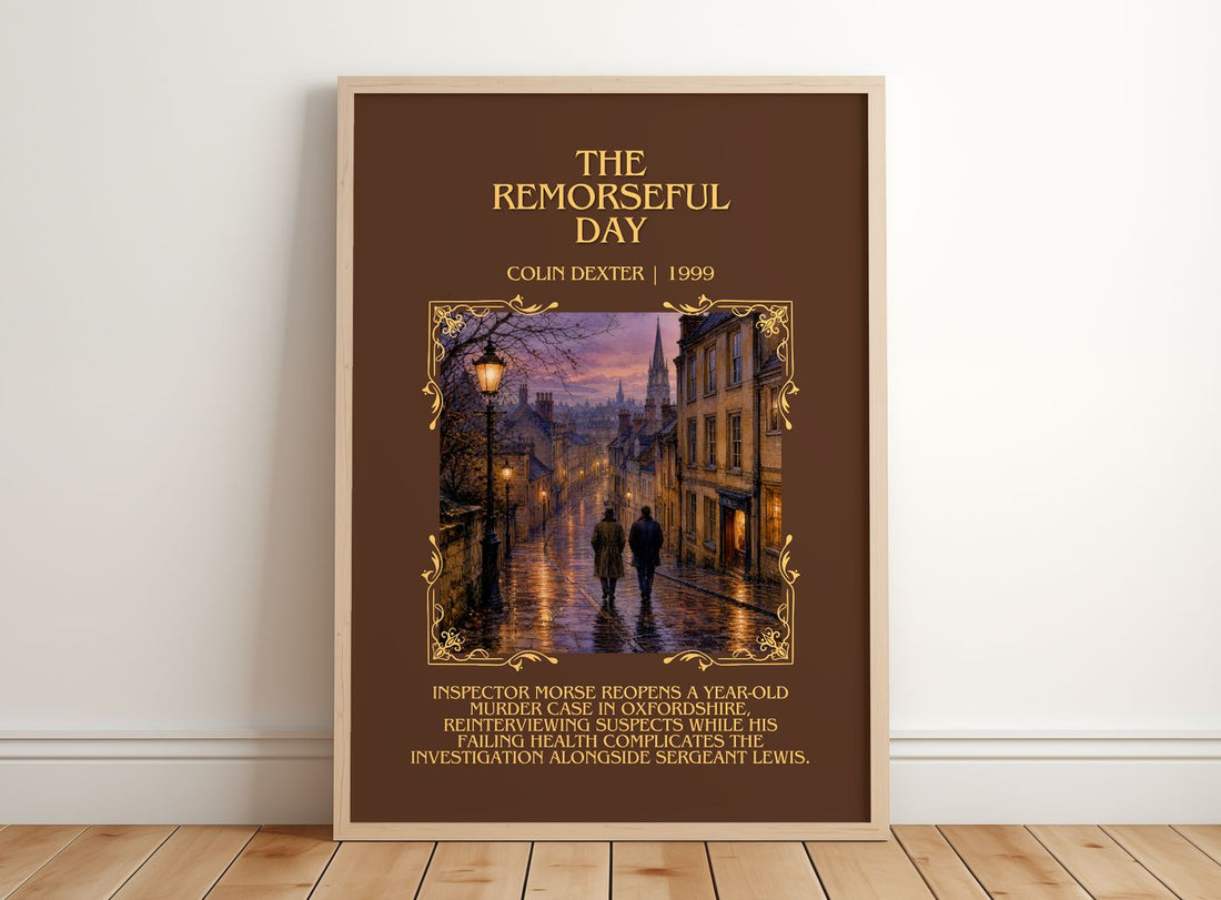 The Remorseful Day Minimalist Book Poster by Colin Dexter – framed print leaning on a wooden floor