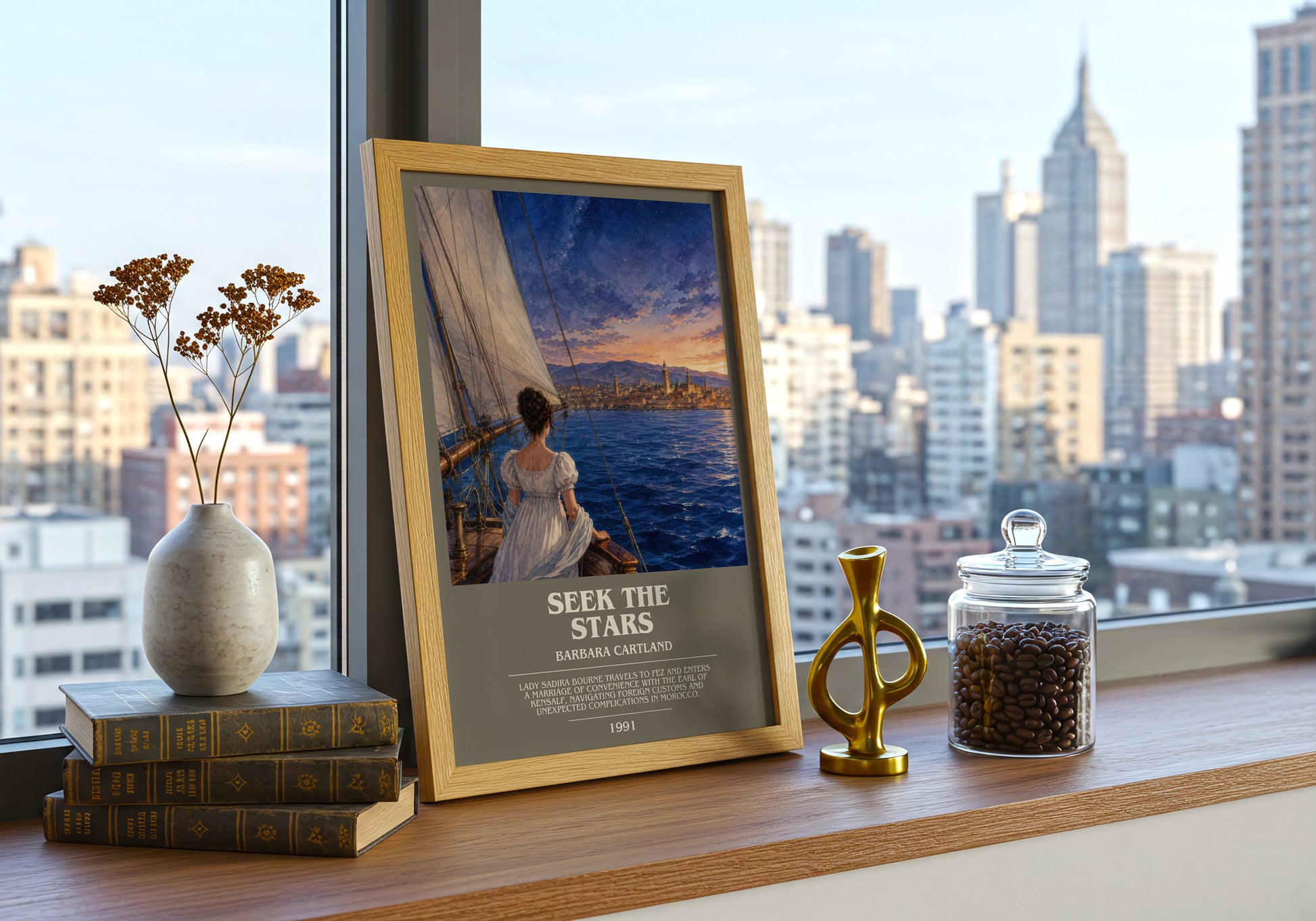 Seek The Stars bookish print framed by window – literary home decor