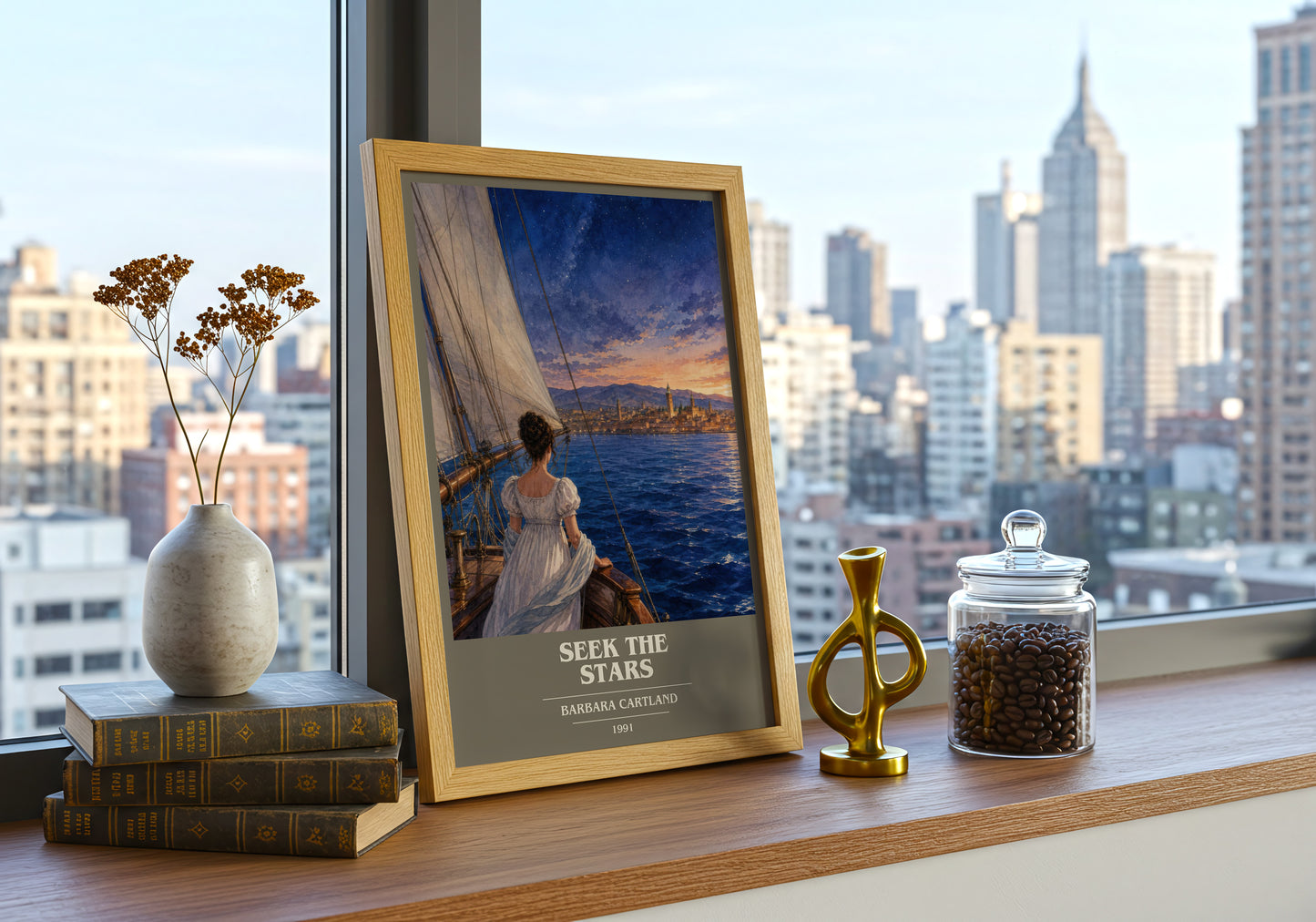 Seek The Stars book cover print framed by window – literary home decor