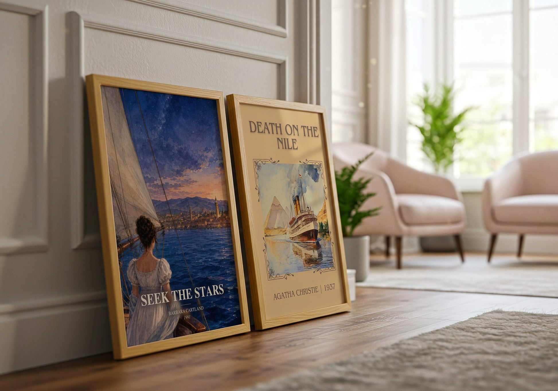 Seek The Stars watercolour print framed by window – literary home decor