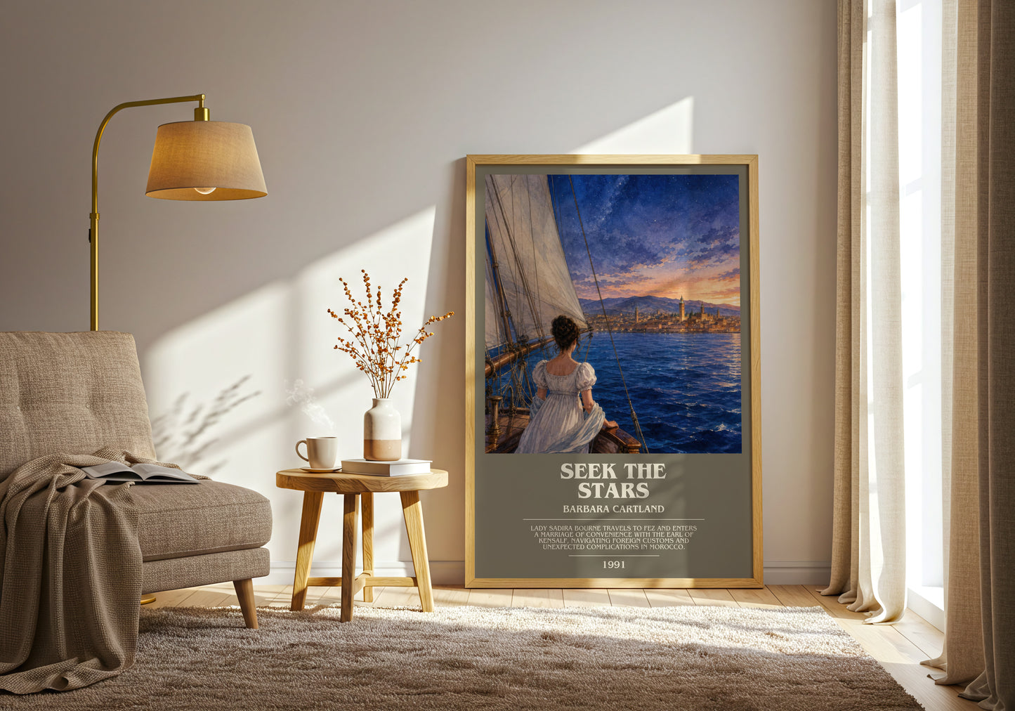 Seek The Stars bookish print on bookshelf – Barbara Cartland fan gift