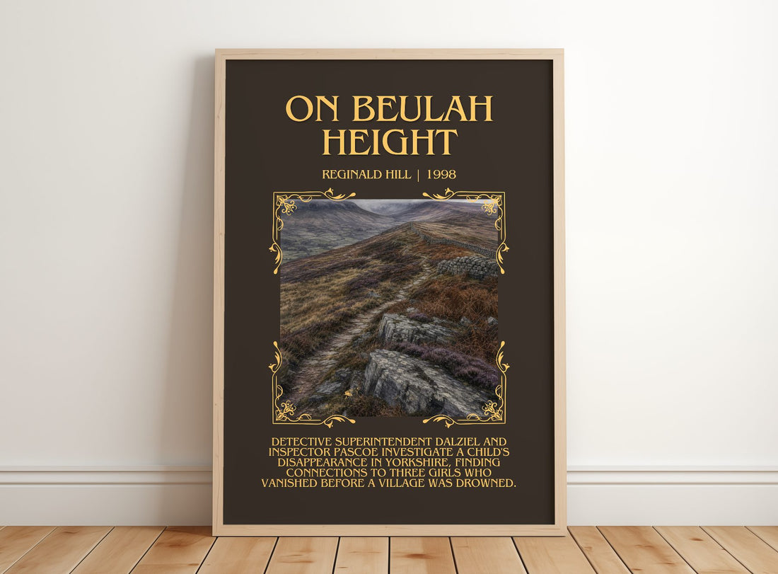On Beulah Height Minimalist Book Poster by Reginald Hill – framed print leaning on a wooden floor