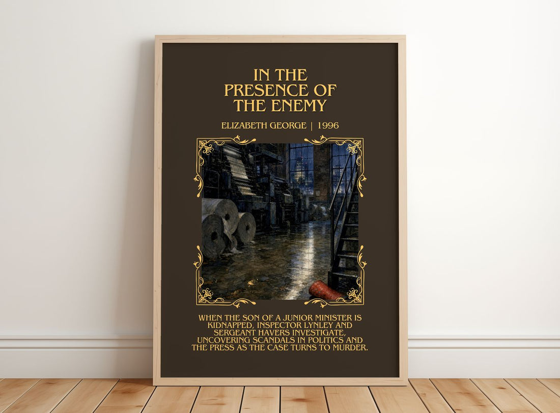 In the Presence of the Enemy Minimalist Book Poster by E. George – framed print leaning on a wooden floor