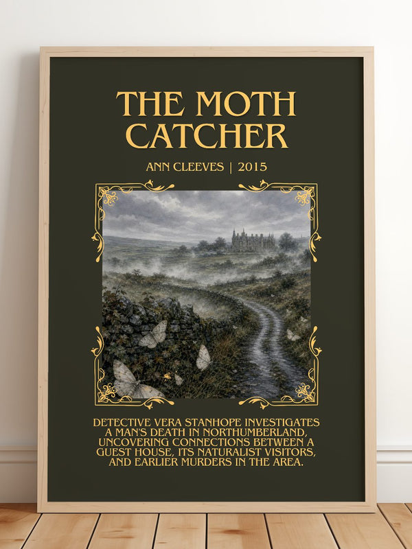 The Moth Catcher Minimalist Book Poster by Ann Cleeves – framed print leaning on a wooden floor