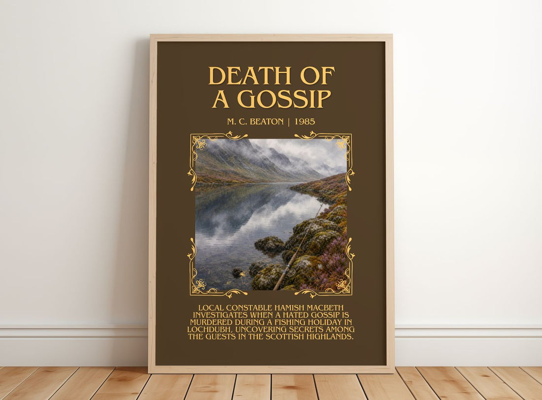 Death of a Gossip Minimalist Book Poster by M. C. Beaton – framed print leaning on a wooden floor