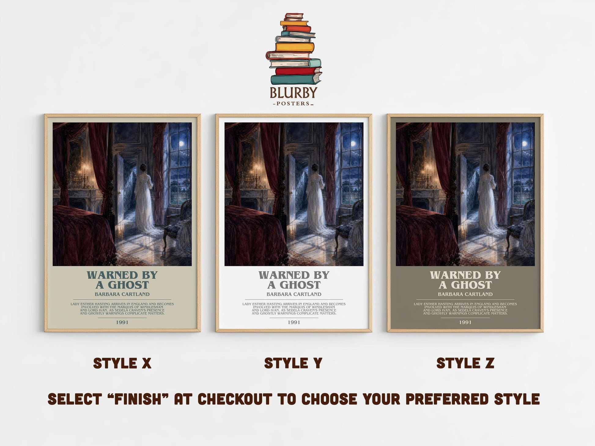 Warned By A Ghost bookish print in frame leaning in hallway – romance wall art