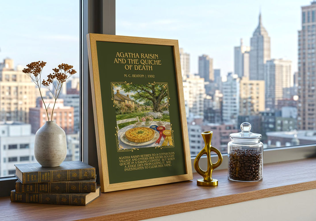 Agatha Raisin and the Quiche of Death Minimalist Book Poster – framed print on a city-view windowsill