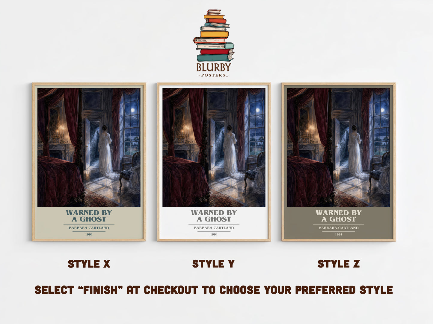 Warned By A Ghost book cover print in frame leaning in hallway – romance wall art